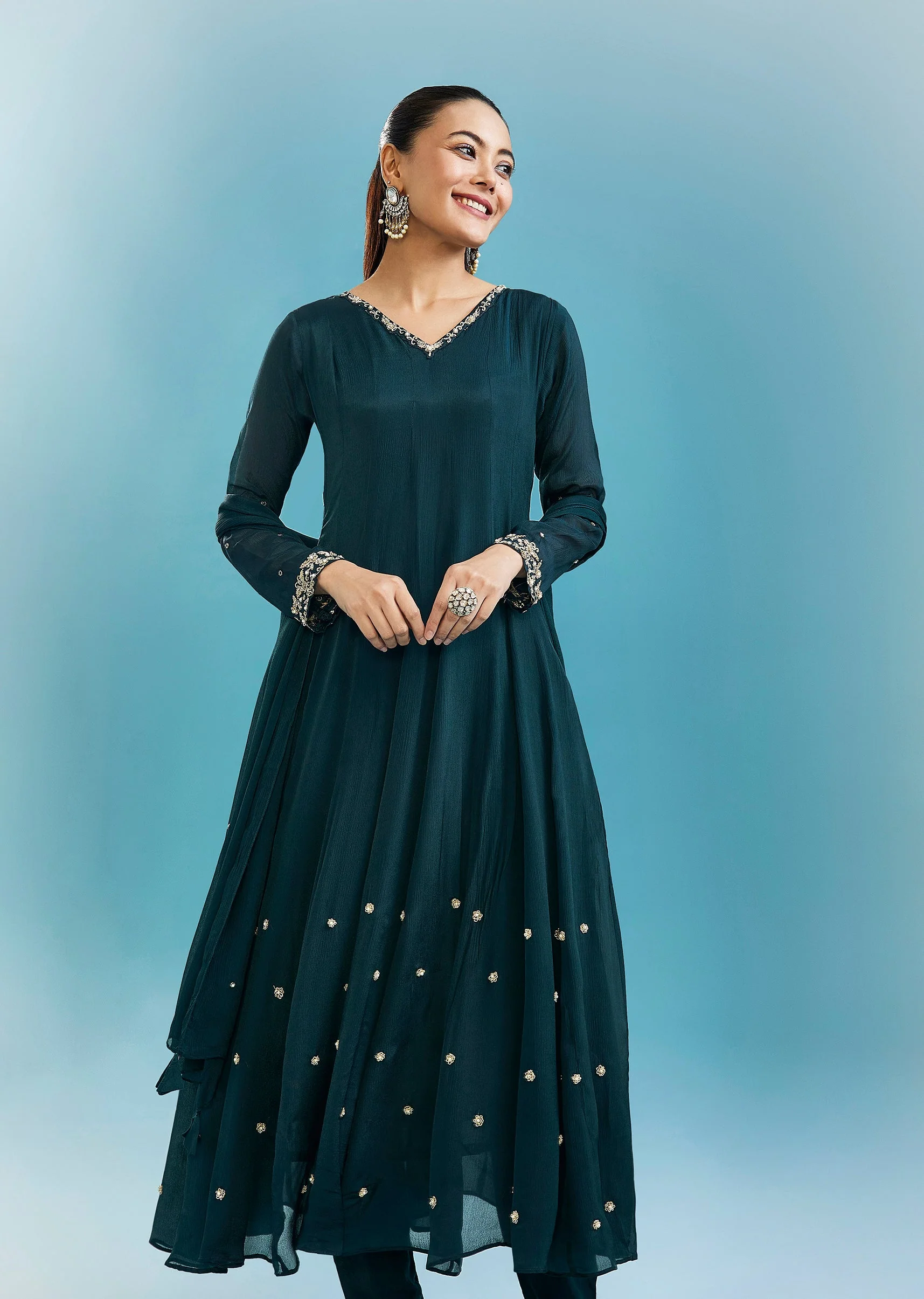 Teal Anarkali Set With Zardosi Work