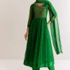 Dark Green Chiffon Angrakha Anarkali With Floral And Sequin Yoke