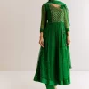 Dark Green Chiffon Angrakha Anarkali With Floral And Sequin Yoke