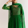 Dark Green Chiffon Angrakha Anarkali With Floral And Sequin Yoke