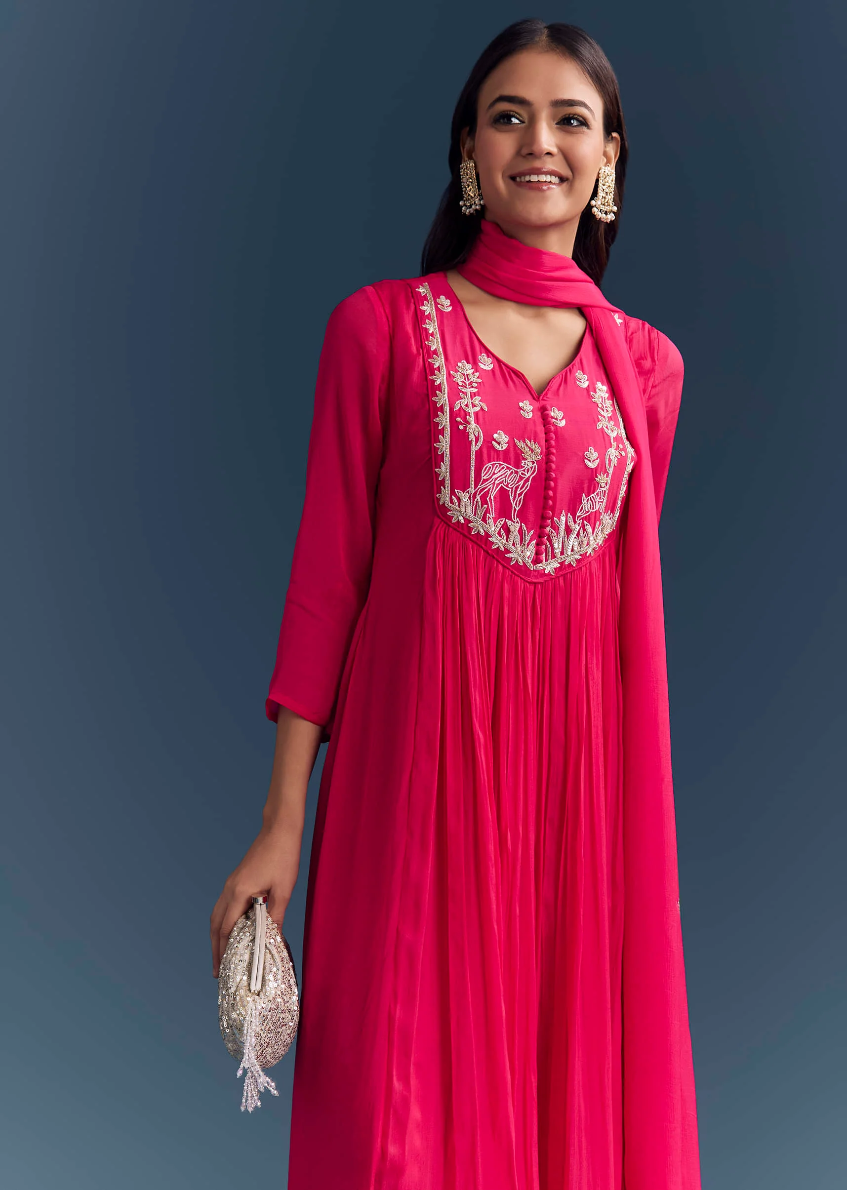 Pink Chinon Anarkali Suit With Sequins And Resham Embroidery