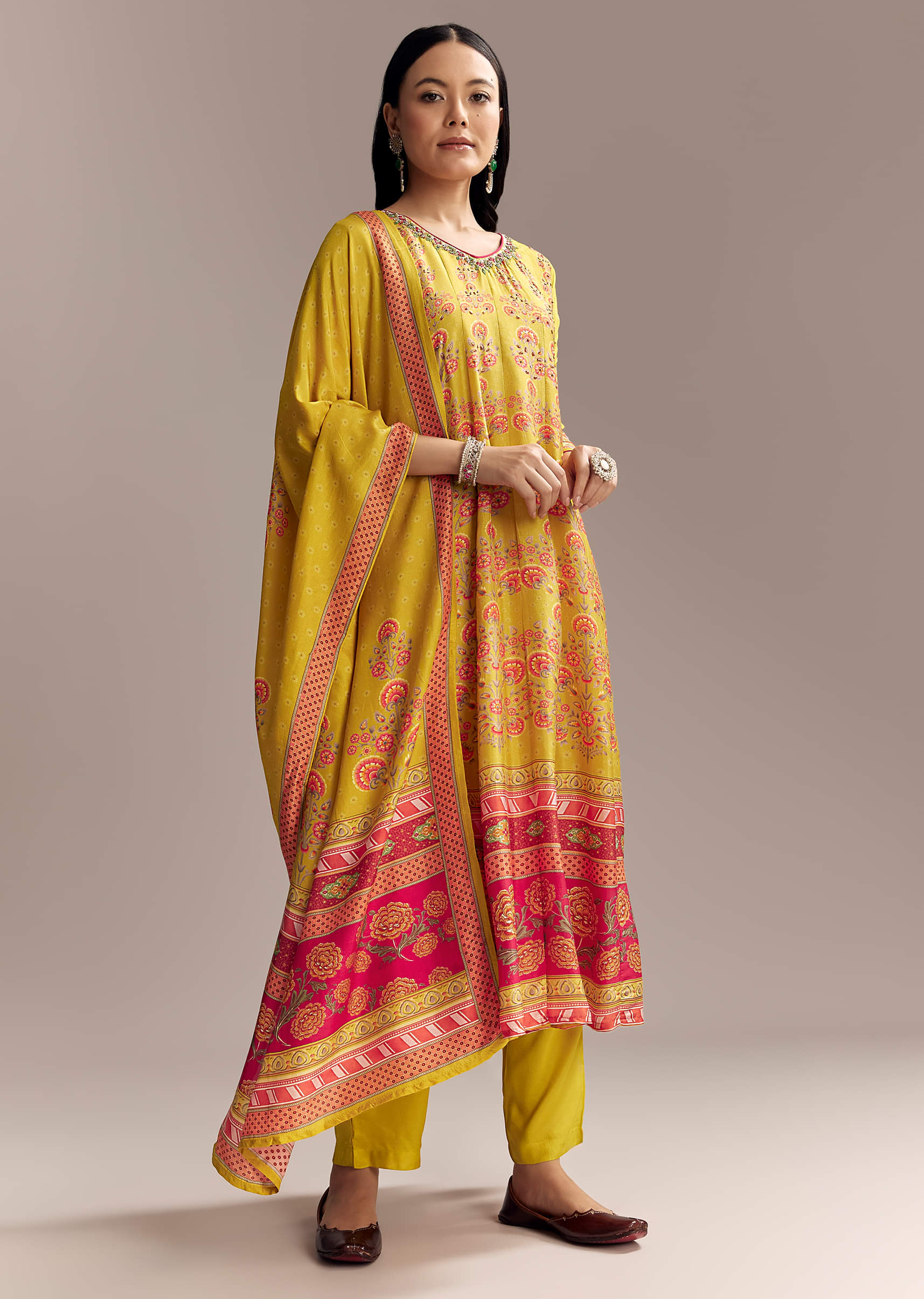 18724-yellow-silk-anarkali-suit-with-multicolour-print-1.jpg Yellow Silk Anarkali Suit With Multicolour Print