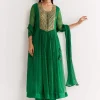 Dark Green Printed Chiffon Sequin Kurta Set With Dupatta