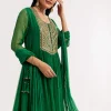 Dark Green Printed Chiffon Sequin Kurta Set With Dupatta