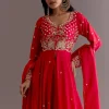 Red Russian Silk Front Slit Cutdana Beaded Kurta Set With Dupatta