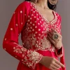 Red Russian Silk Front Slit Cutdana Beaded Kurta Set With Dupatta