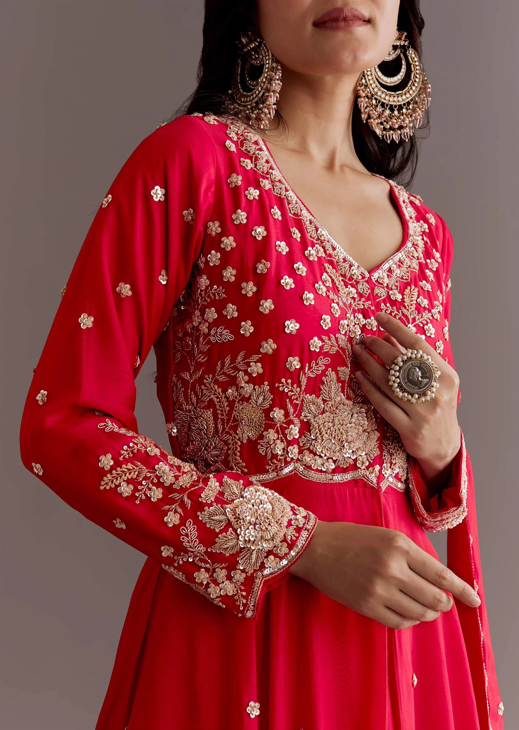 Red Russian Silk Front Slit Cutdana Beaded Kurta Set With Dupatta