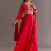 Red Russian Silk Front Slit Cutdana Beaded Kurta Set With Dupatta
