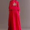 Red Russian Silk Front Slit Cutdana Beaded Kurta Set With Dupatta