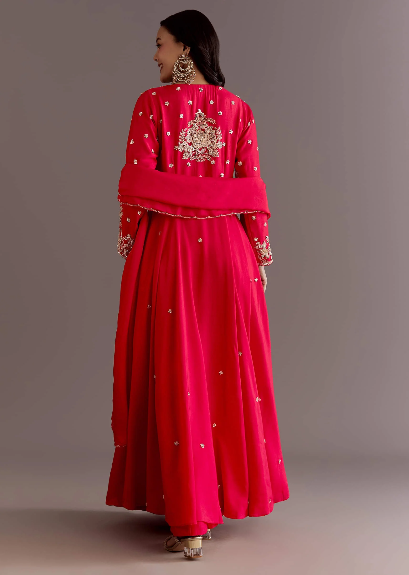 Red Russian Silk Front Slit Cutdana Beaded Kurta Set With Dupatta