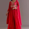 Red Russian Silk Front Slit Cutdana Beaded Kurta Set With Dupatta