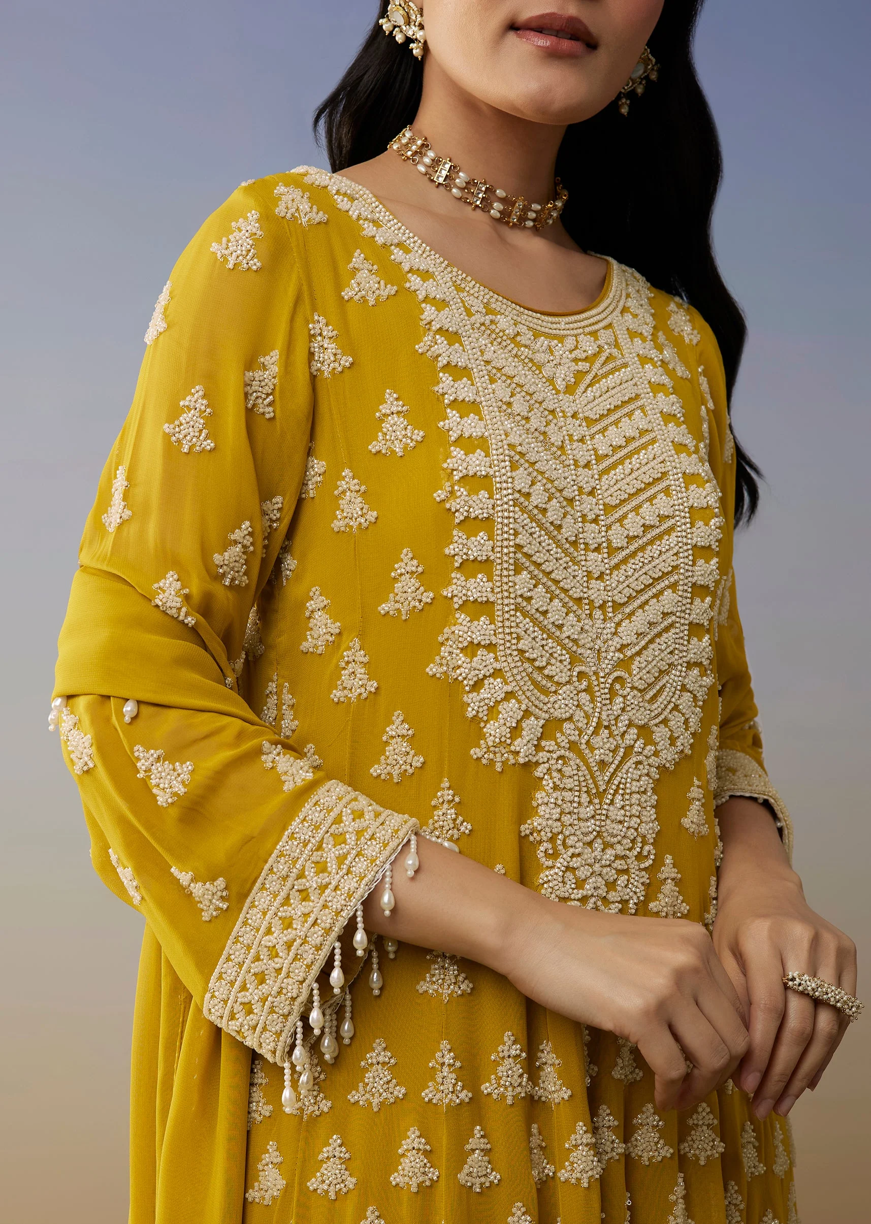Yellow Georgette Anarkali Suit with Beads Detail Work