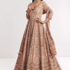 Light Peach Printed Crepe Anarkali Suit With Embroidery
