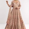 Light Peach Printed Crepe Anarkali Suit With Embroidery