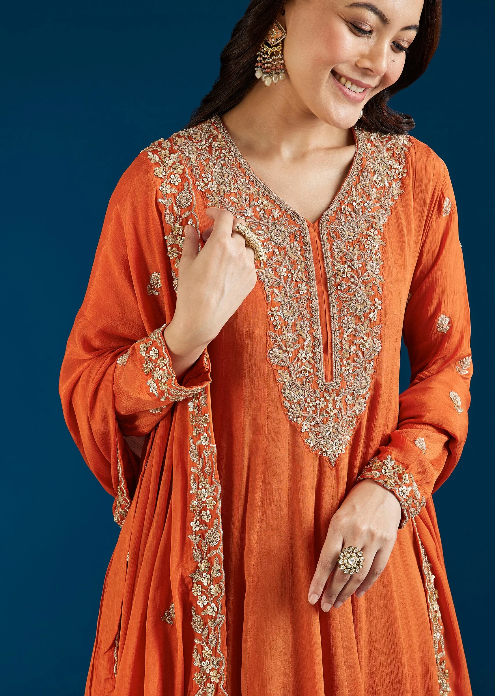 Orange Embroidered Chinon Anarkali Suit With Dupatta
