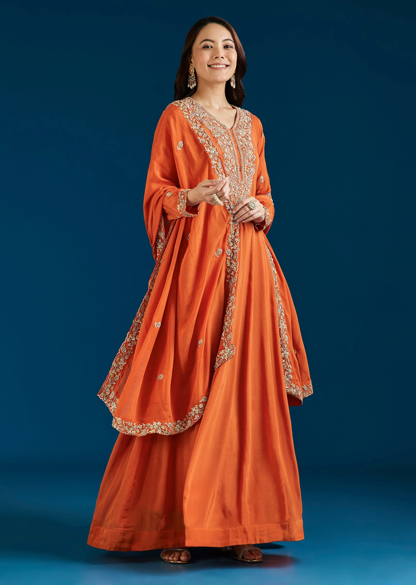 Orange Embroidered Chinon Anarkali Suit With Dupatta