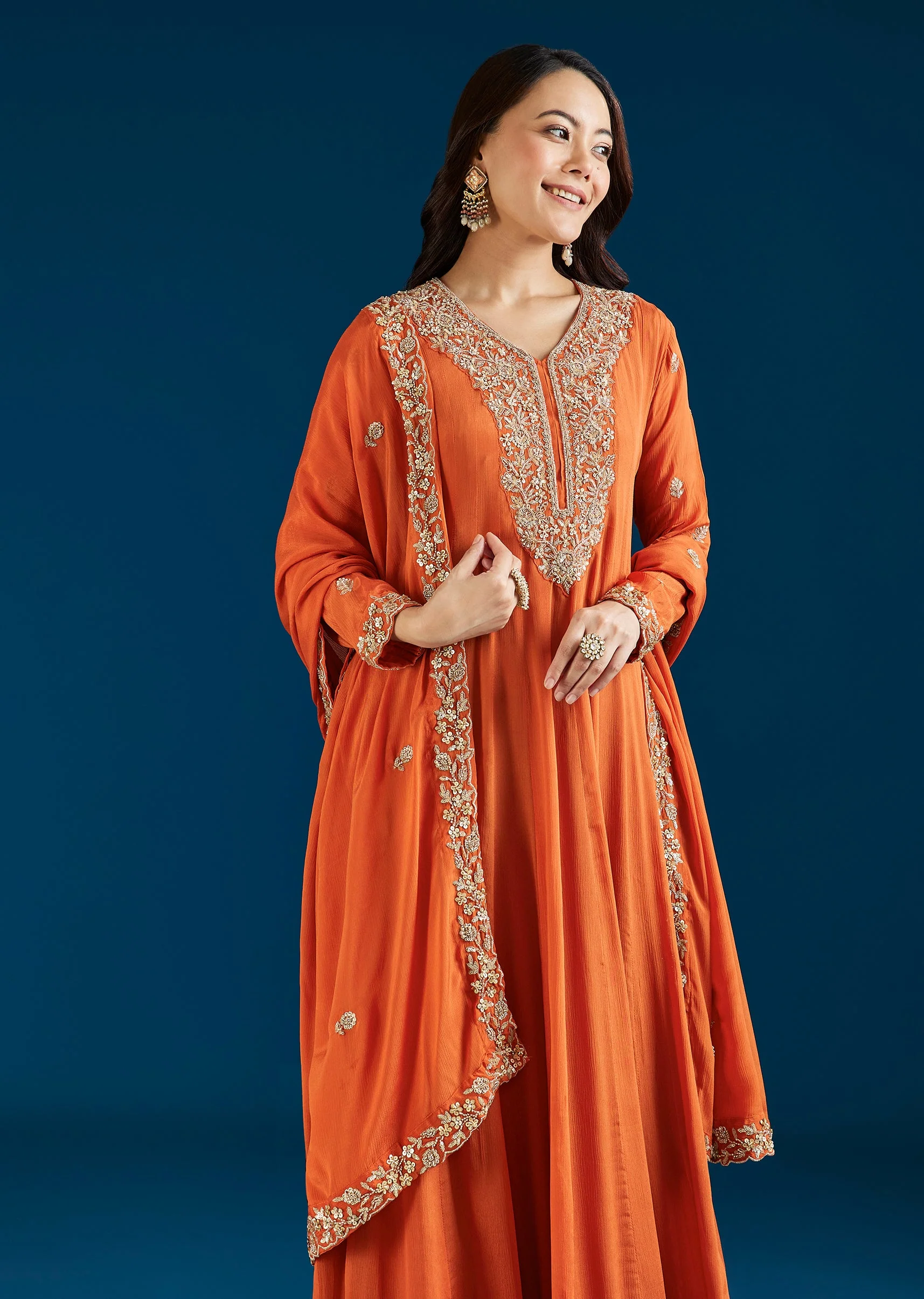 Orange Embroidered Chinon Anarkali Suit With Dupatta