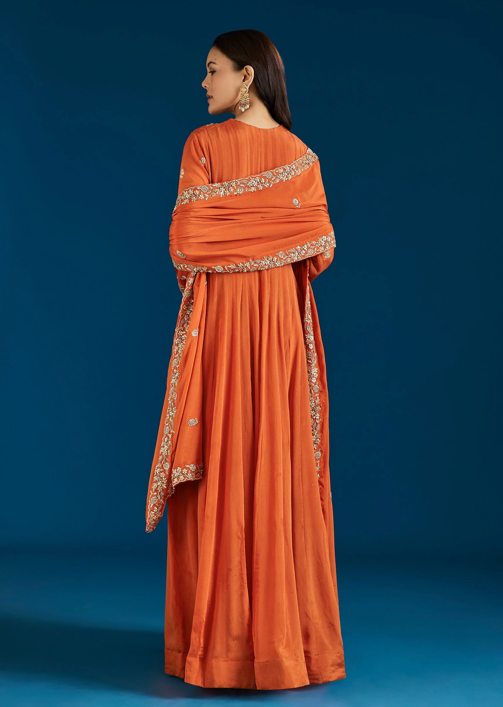 Orange Embroidered Chinon Anarkali Suit With Dupatta