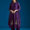 Purple Embroidered Chinon Anarkali Set With Pant And Dupatta