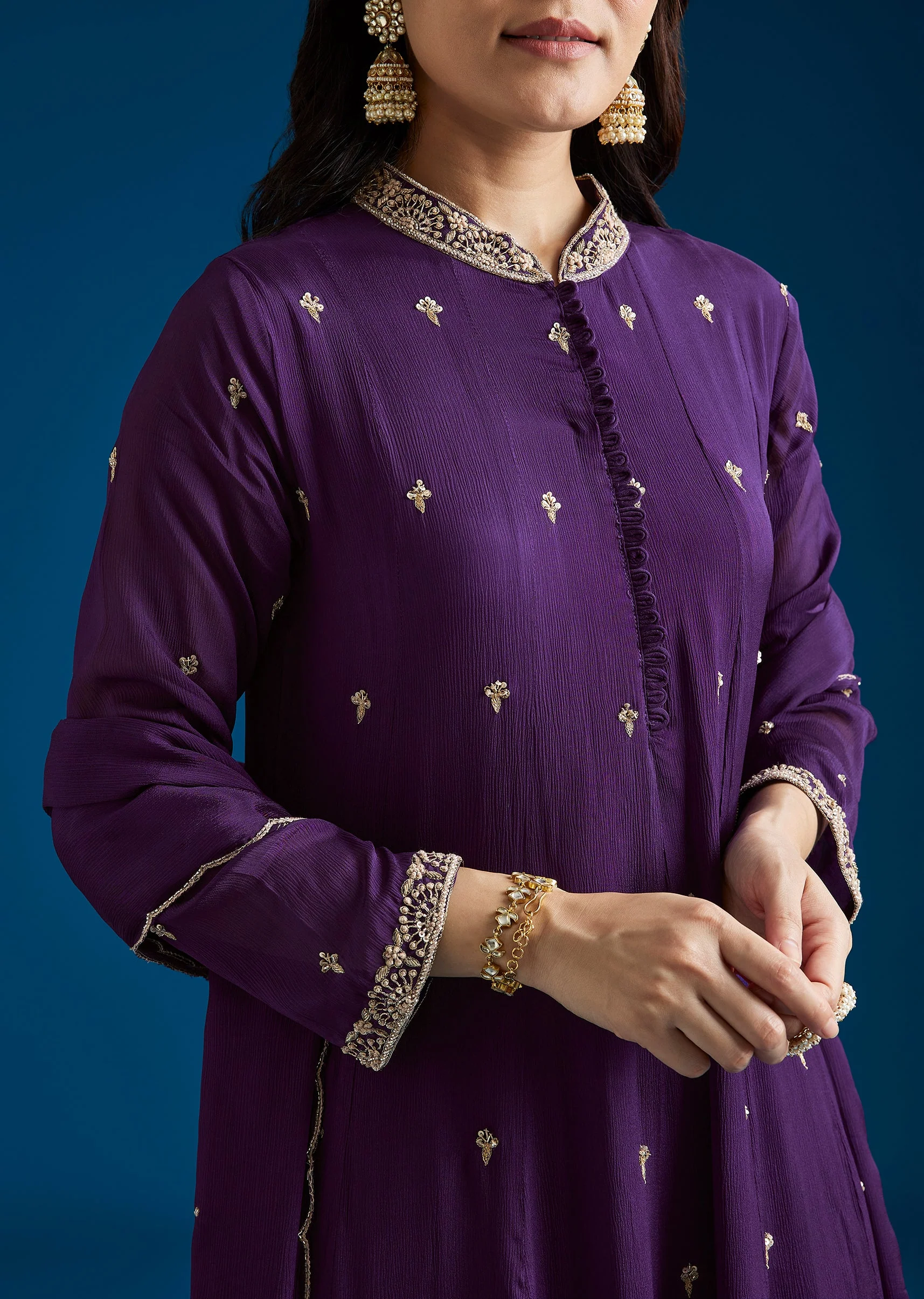 Purple Embroidered Chinon Anarkali Set With Pant And Dupatta