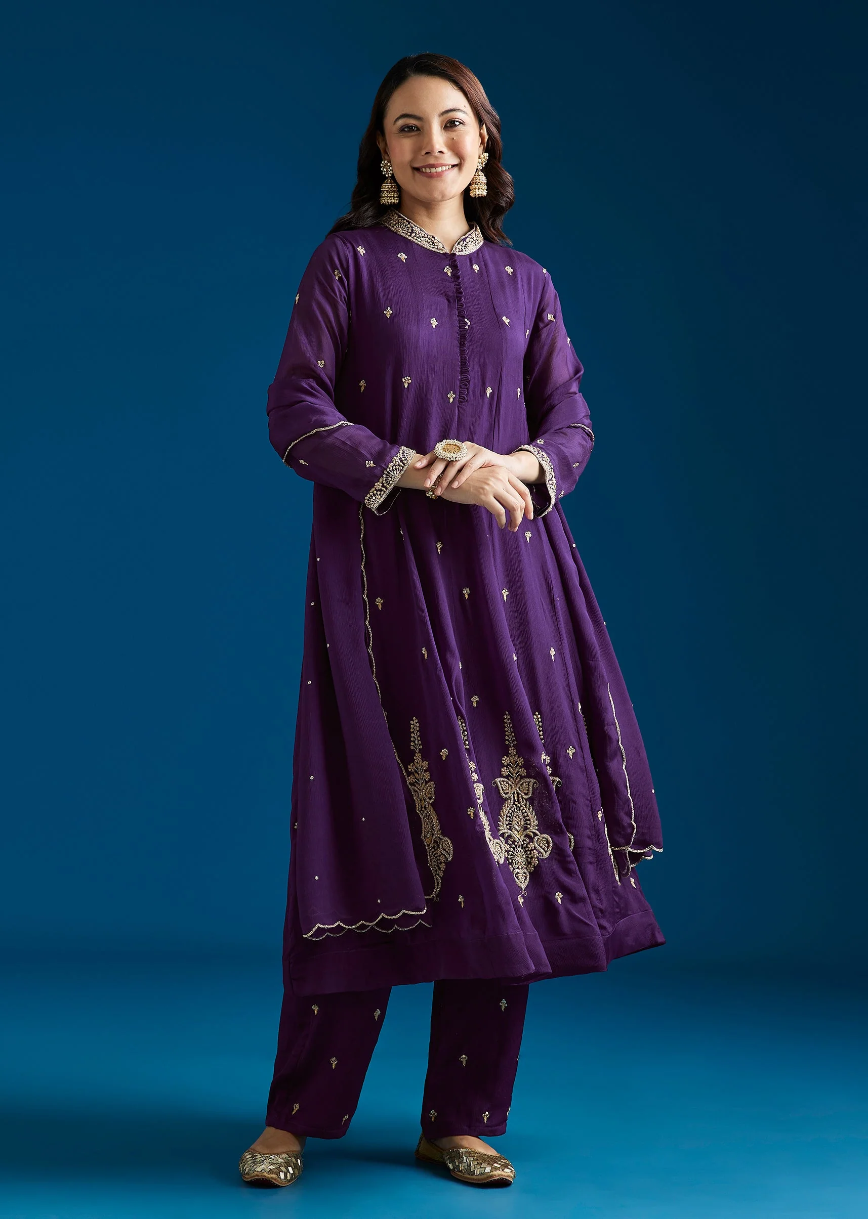 Purple Embroidered Chinon Anarkali Set With Pant And Dupatta