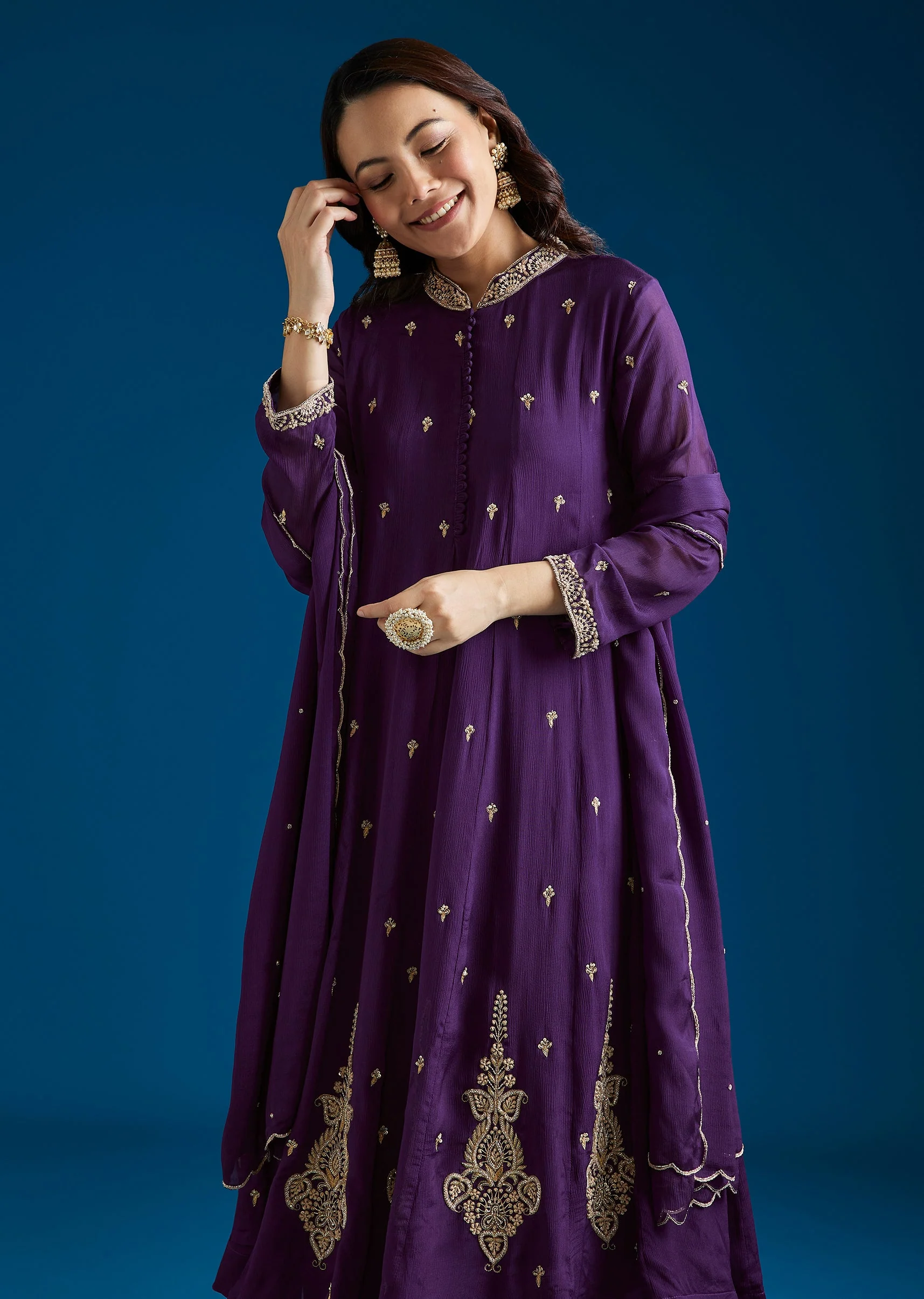 Purple Embroidered Chinon Anarkali Set With Pant And Dupatta