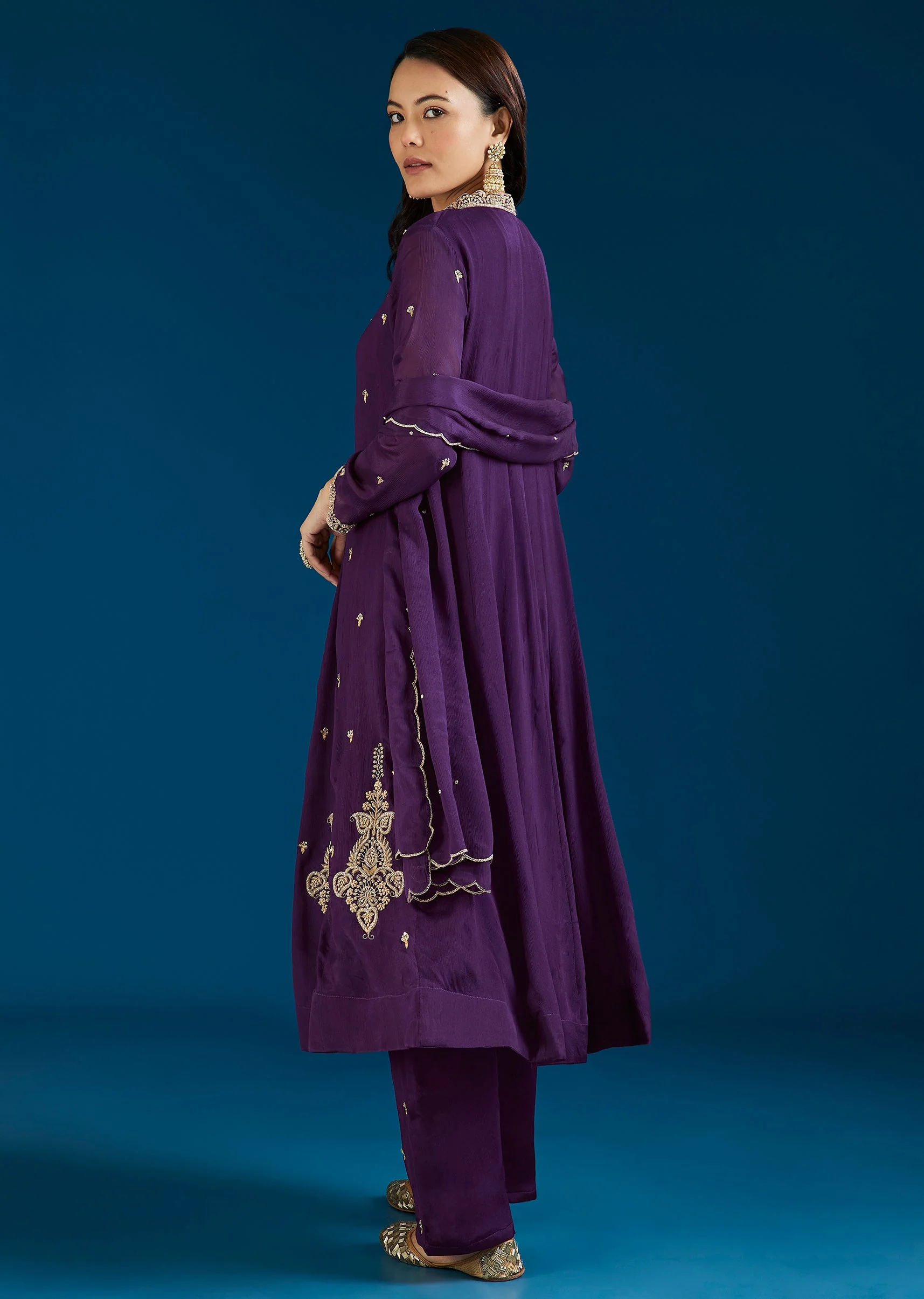 Purple Embroidered Chinon Anarkali Set With Pant And Dupatta