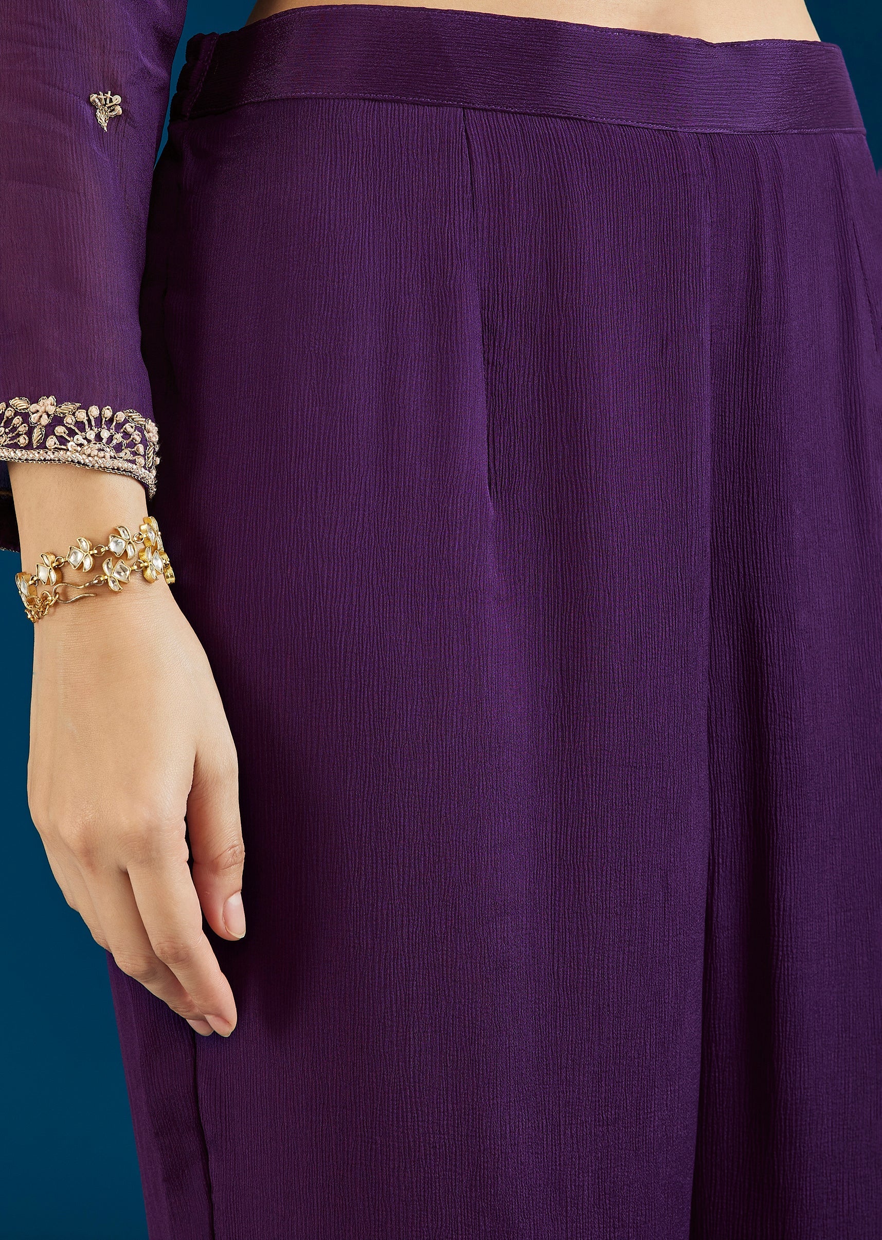 Purple Embroidered Chinon Anarkali Set With Pant And Dupatta