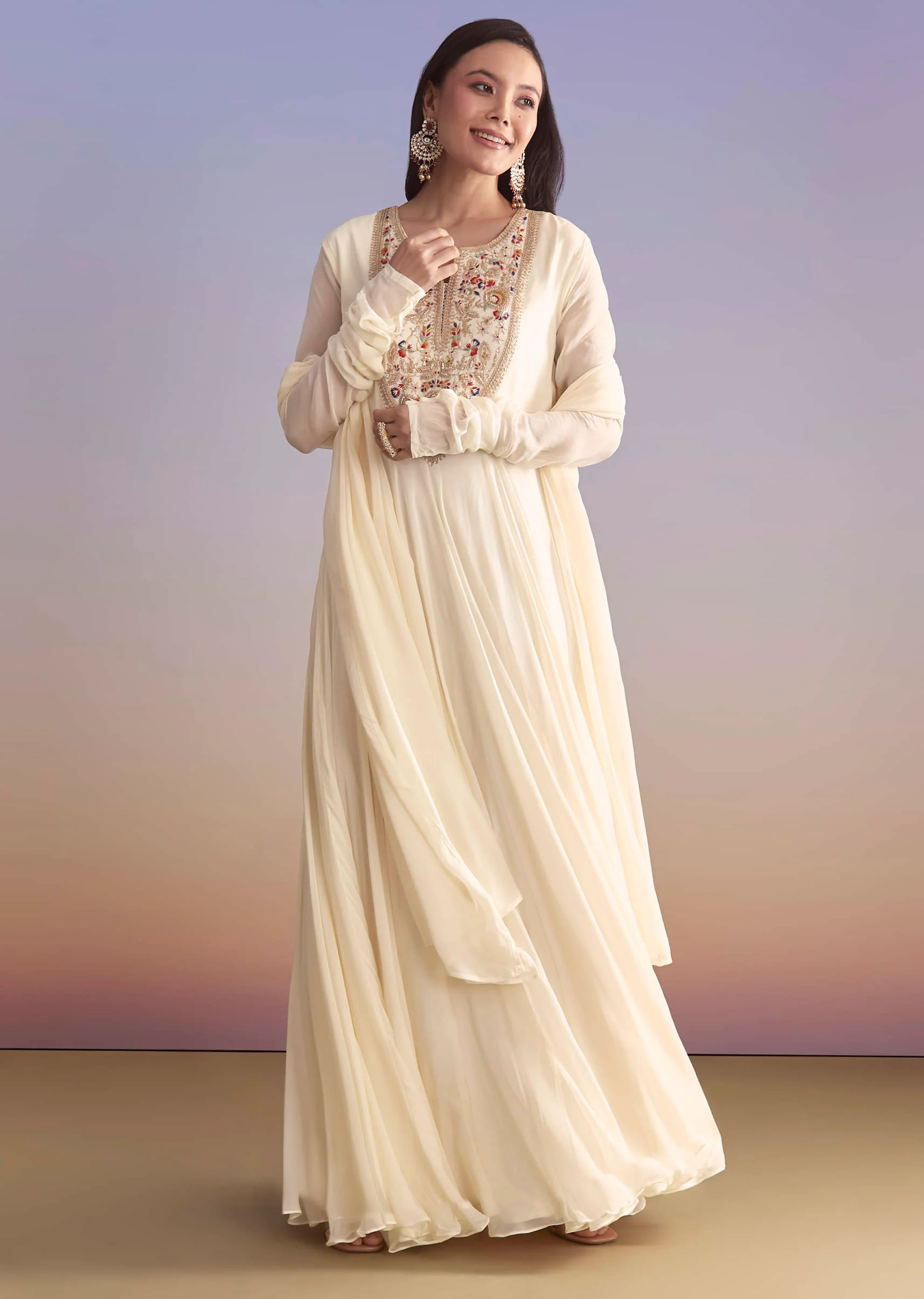 White Georgette Anarkali Suit With Resham and Sequins Work