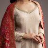 Off White Tissue Anarkali Suit With Butti Embroidery And Printed Silk Dupatta