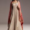 Off White Tissue Anarkali Suit With Butti Embroidery And Printed Silk Dupatta