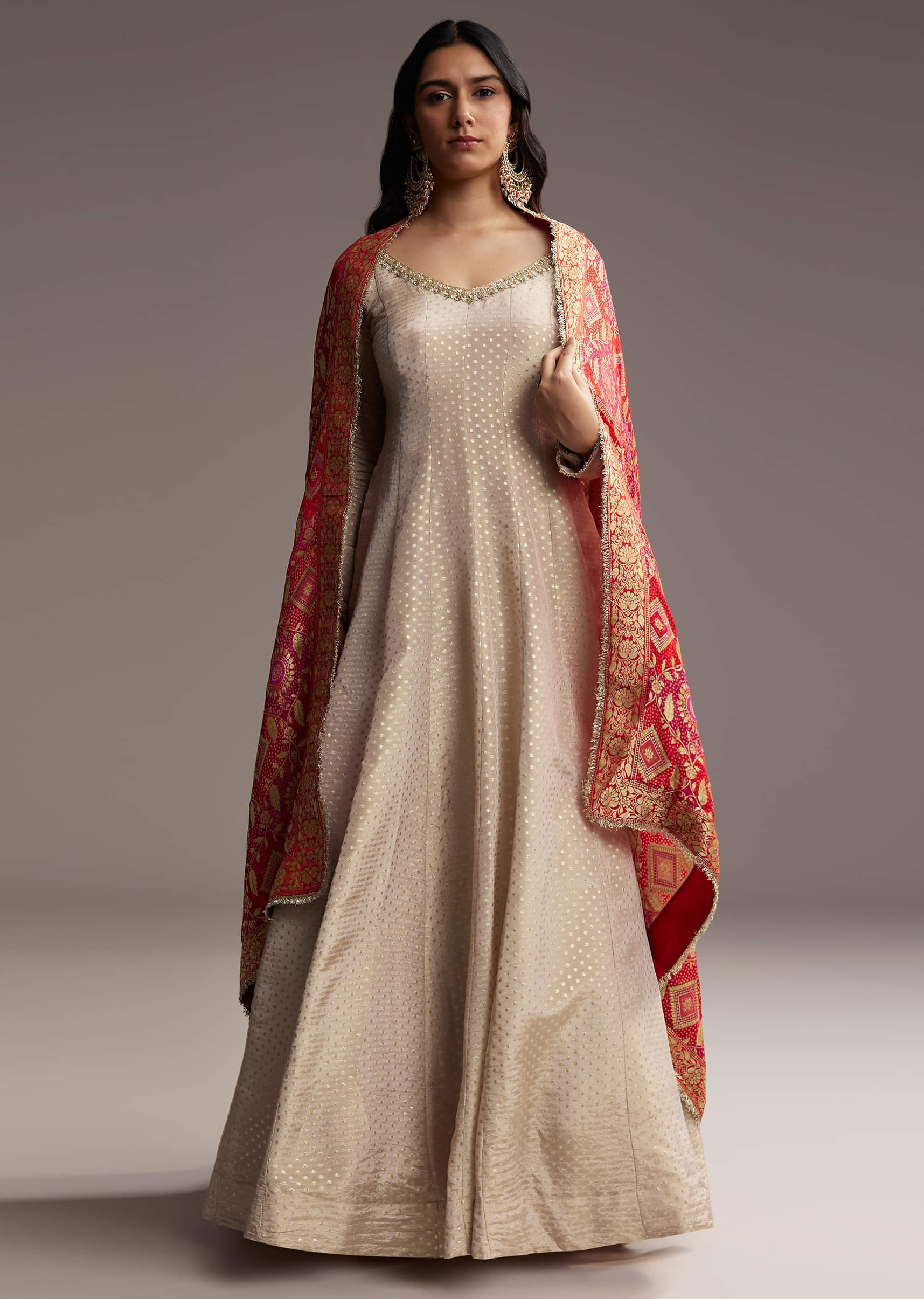 Off White Tissue Anarkali Suit With Butti Embroidery And Printed Silk Dupatta