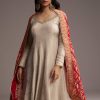 Off White Tissue Anarkali Suit With Butti Embroidery And Printed Silk Dupatta