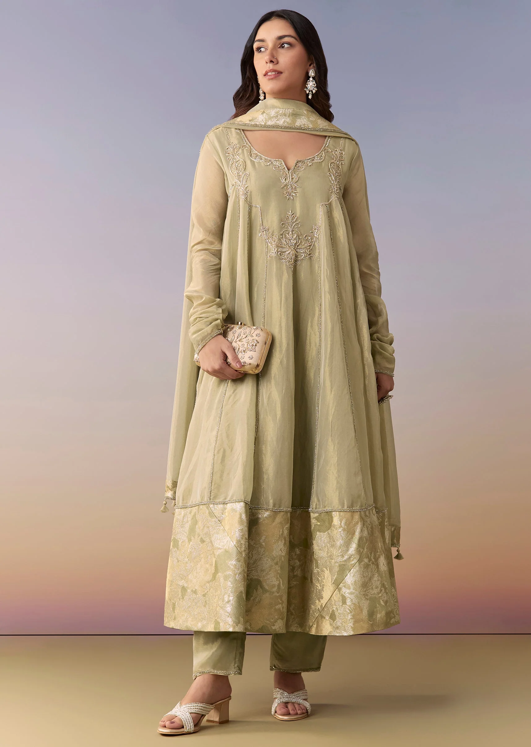 Green Zardosi Tissue Anarkali Suit Set With Pant And Dupatta