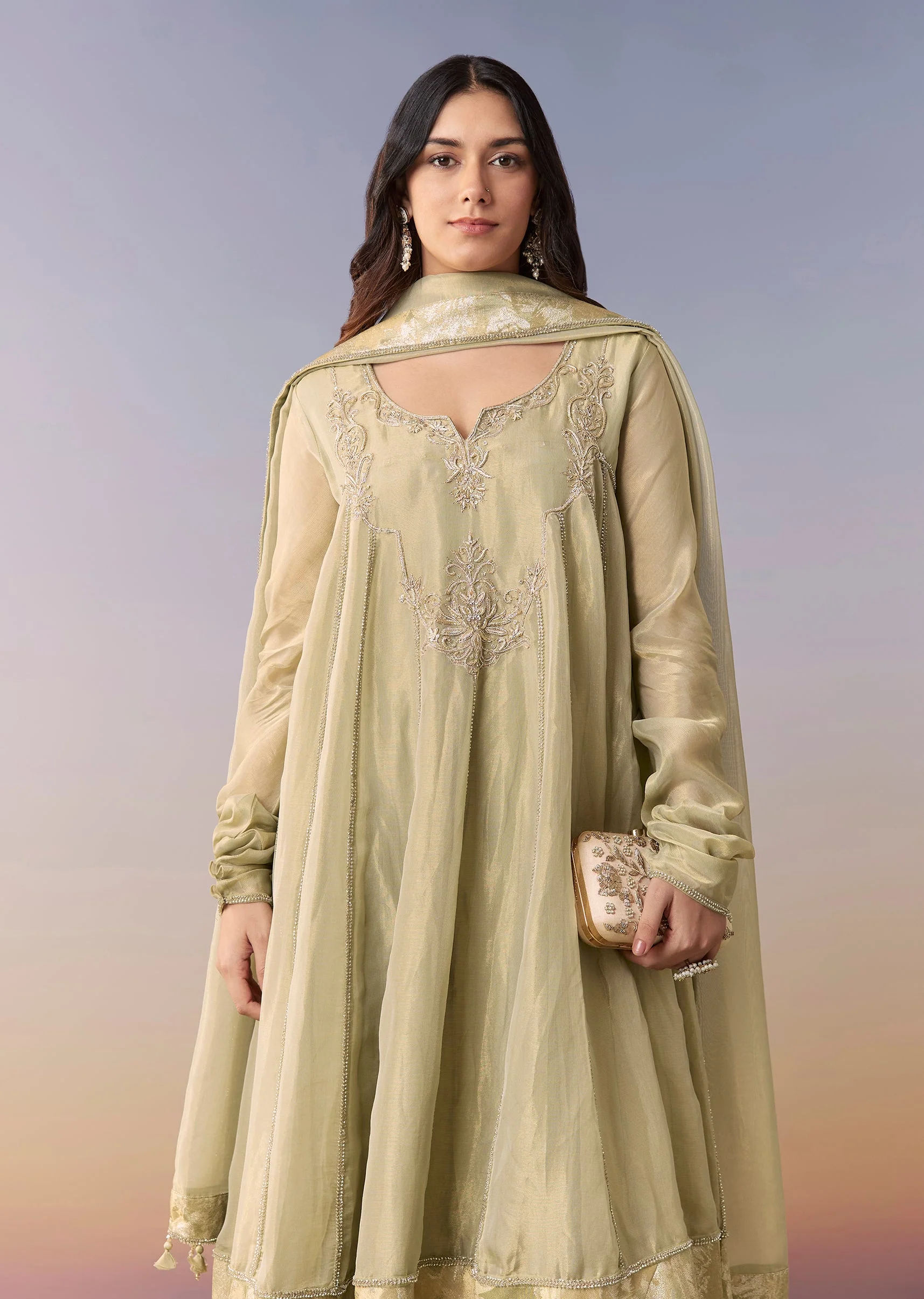 Green Zardosi Tissue Anarkali Suit Set With Pant And Dupatta