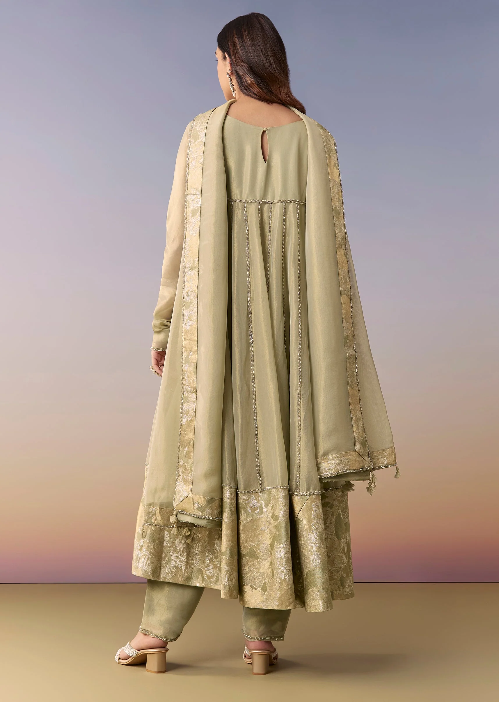 Green Zardosi Tissue Anarkali Suit Set With Pant And Dupatta