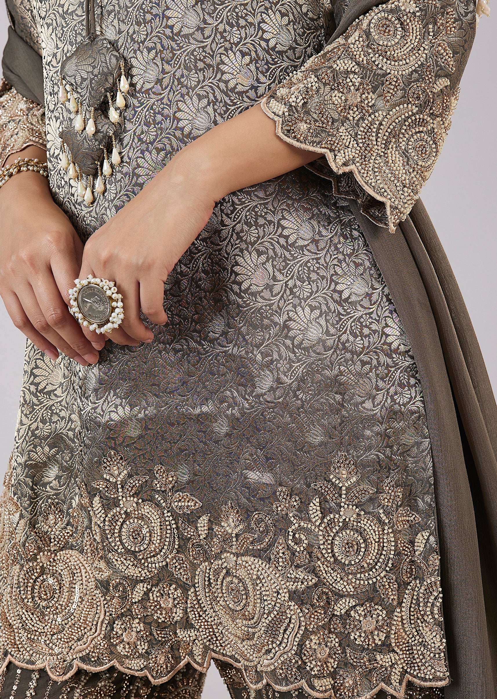 Green Brocade Kurta Set With Bead Work