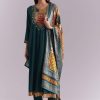Teal Silk Anarkali Suit With Embroidery And Printed Patch Work