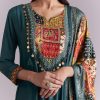 Teal Silk Anarkali Suit With Embroidery And Printed Patch Work
