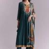 Teal Silk Anarkali Suit With Embroidery And Printed Patch Work