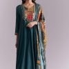 Teal Silk Anarkali Suit With Embroidery And Printed Patch Work