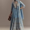 Powder Blue Chanderi Printed Anarkali Suit With Resham Work