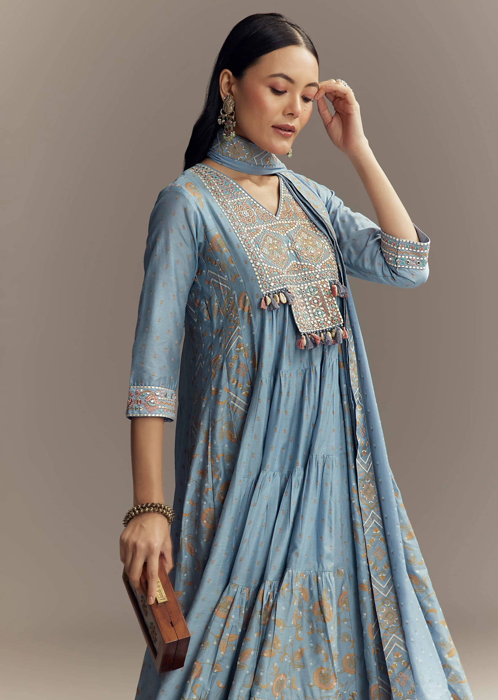 Powder Blue Chanderi Printed Anarkali Suit With Resham Work