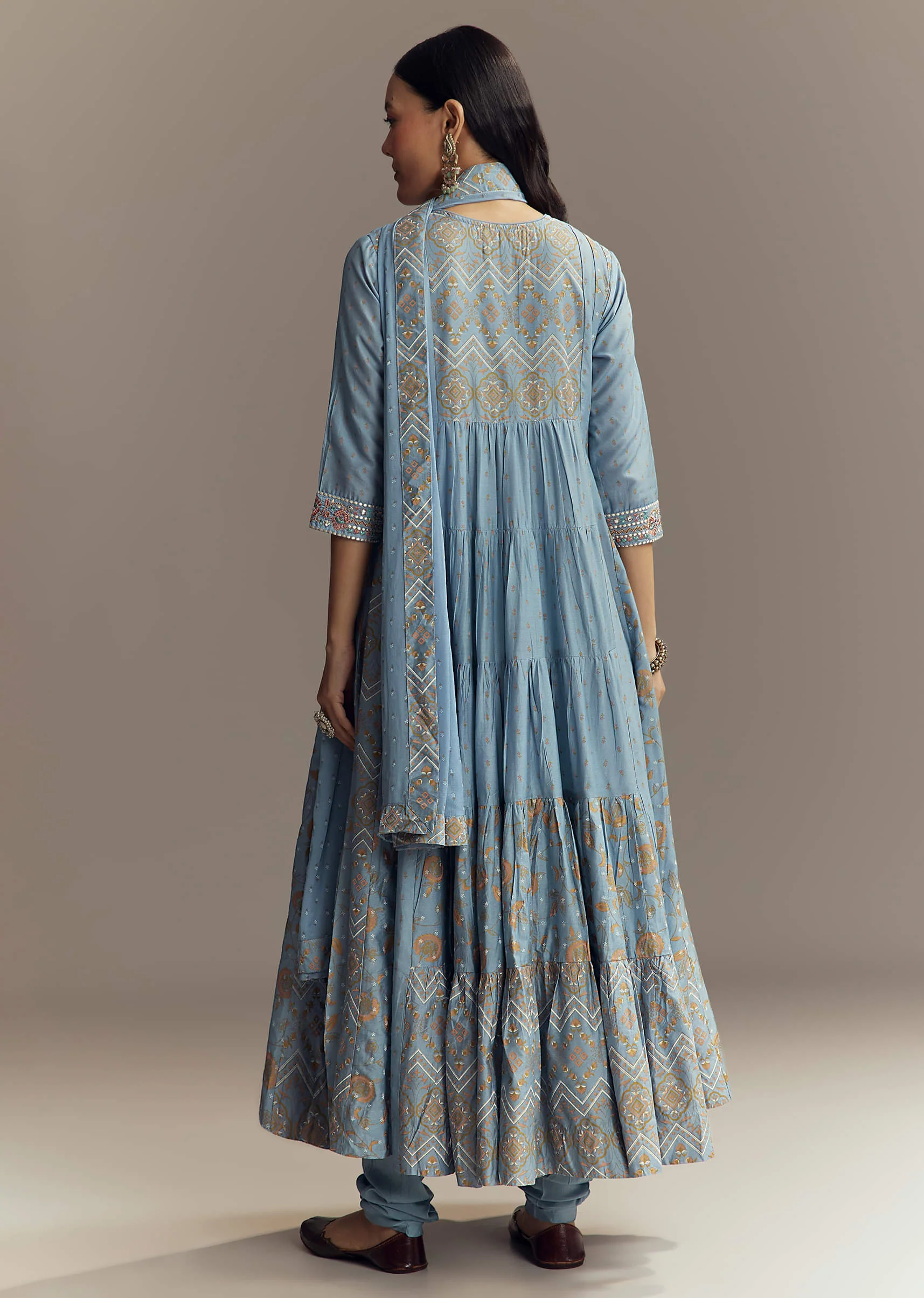 Powder Blue Chanderi Printed Anarkali Suit With Resham Work