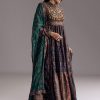Navy Blue Printed Silk Anarkali With Dupatta