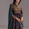 Navy Blue Printed Silk Anarkali With Dupatta