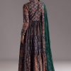 Navy Blue Printed Silk Anarkali With Dupatta
