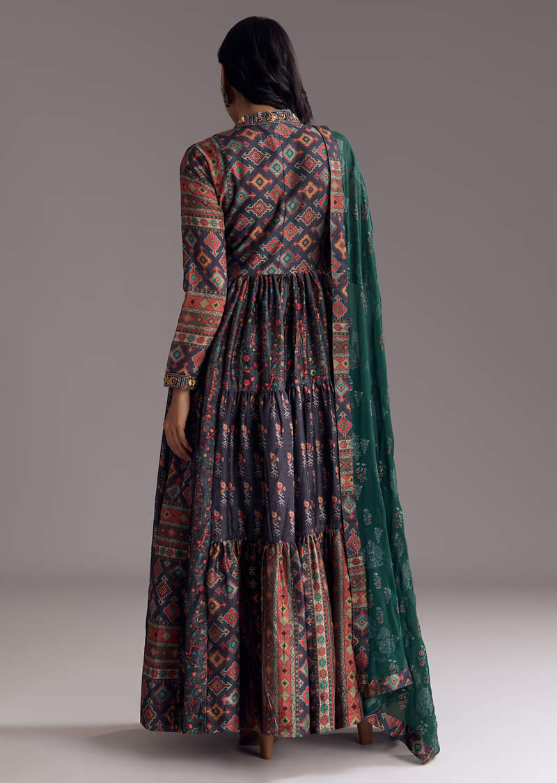 Navy Blue Printed Silk Anarkali With Dupatta