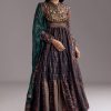 Navy Blue Printed Silk Anarkali With Dupatta