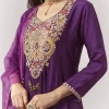 Purple Zardosi V-Neck Anarkali Pant Set With Dupatta